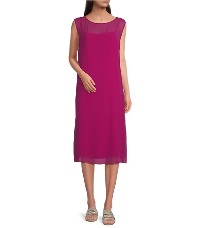Eileen Fisher Sheer Silk Georgette Boat Neck Sleeveless Midi Dress