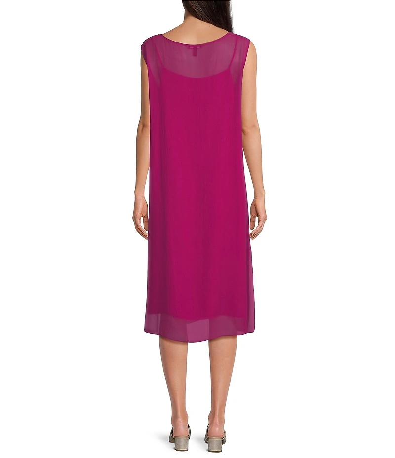 Eileen Fisher Sheer Silk Georgette Boat Neck Sleeveless Midi Dress