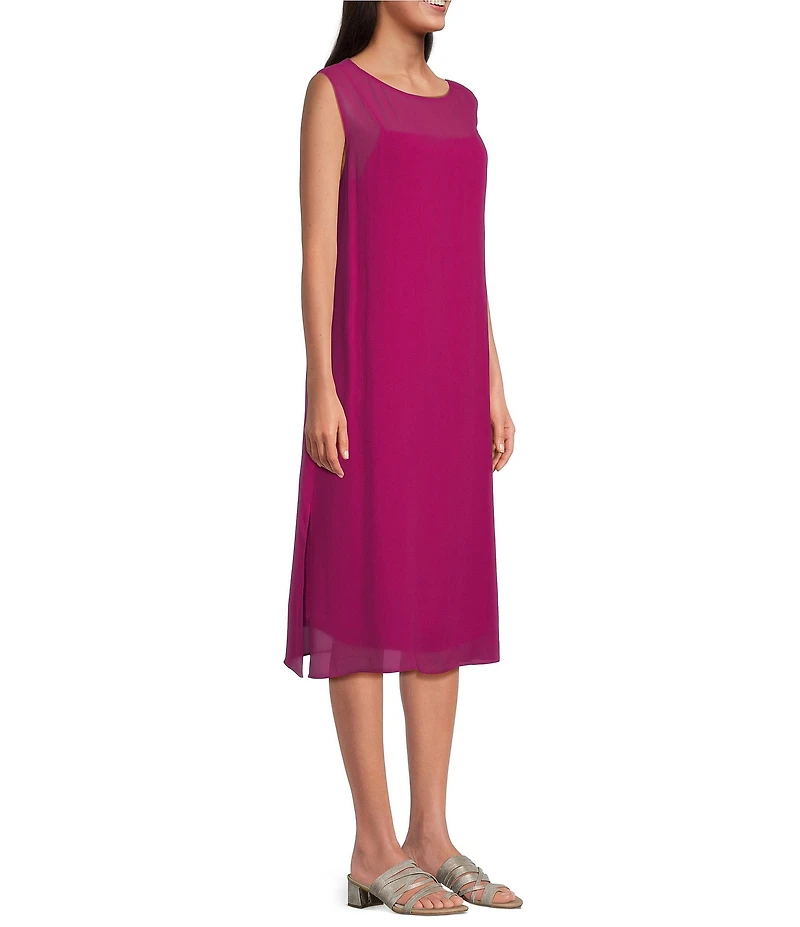 Eileen Fisher Sheer Silk Georgette Boat Neck Sleeveless Midi Dress