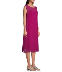 Eileen Fisher Sheer Silk Georgette Boat Neck Sleeveless Midi Dress
