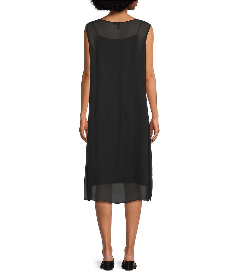 Eileen Fisher Sheer Silk Georgette Boat Neck Sleeveless Midi Dress