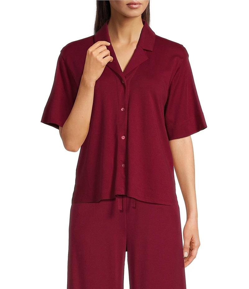 Eileen Fisher Organic Cotton Short Sleeve Interlock Knit Notch Collar Sleep Top