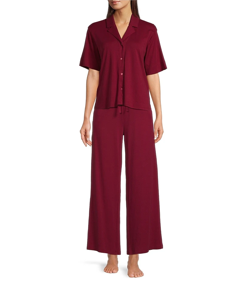 Eileen Fisher Organic Cotton Short Sleeve Interlock Knit Notch Collar Sleep Top