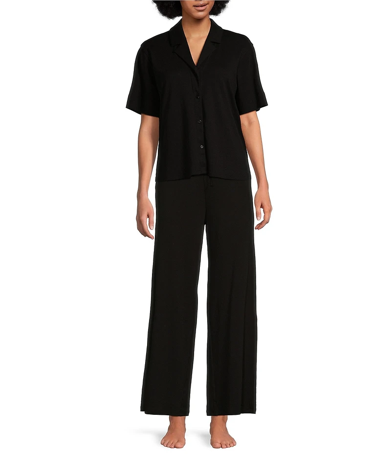 Eileen Fisher Organic Cotton Short Sleeve Interlock Knit Notch Collar Sleep Top