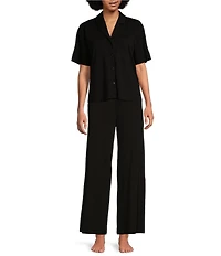 Eileen Fisher Organic Cotton Short Sleeve Interlock Knit Notch Collar Sleep Top