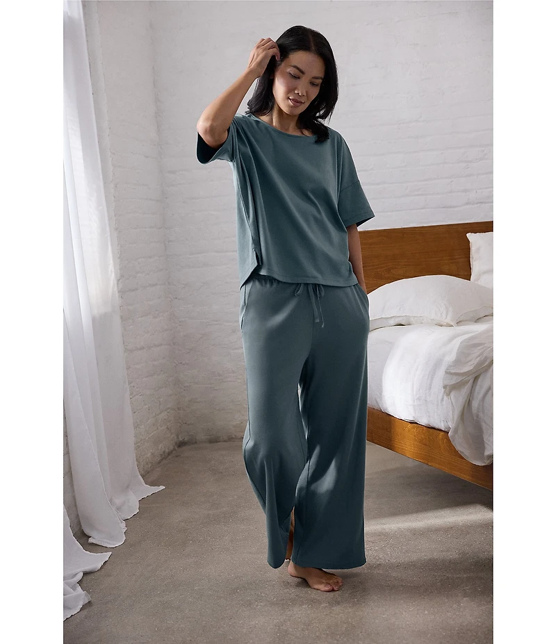 Eileen Fisher Organic Cotton Short Sleeve Interlock Knit Notch Collar Sleep Top