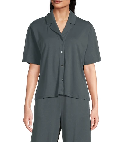 Eileen Fisher Organic Cotton Short Sleeve Interlock Knit Notch Collar Sleep Top