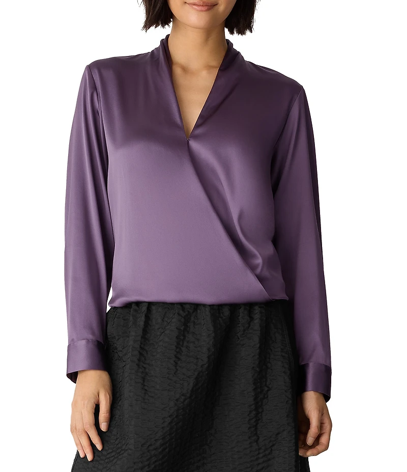 Eileen Fisher Silk Charmeuse High Collar V-Neck Long Sleeve Wrap Blouse