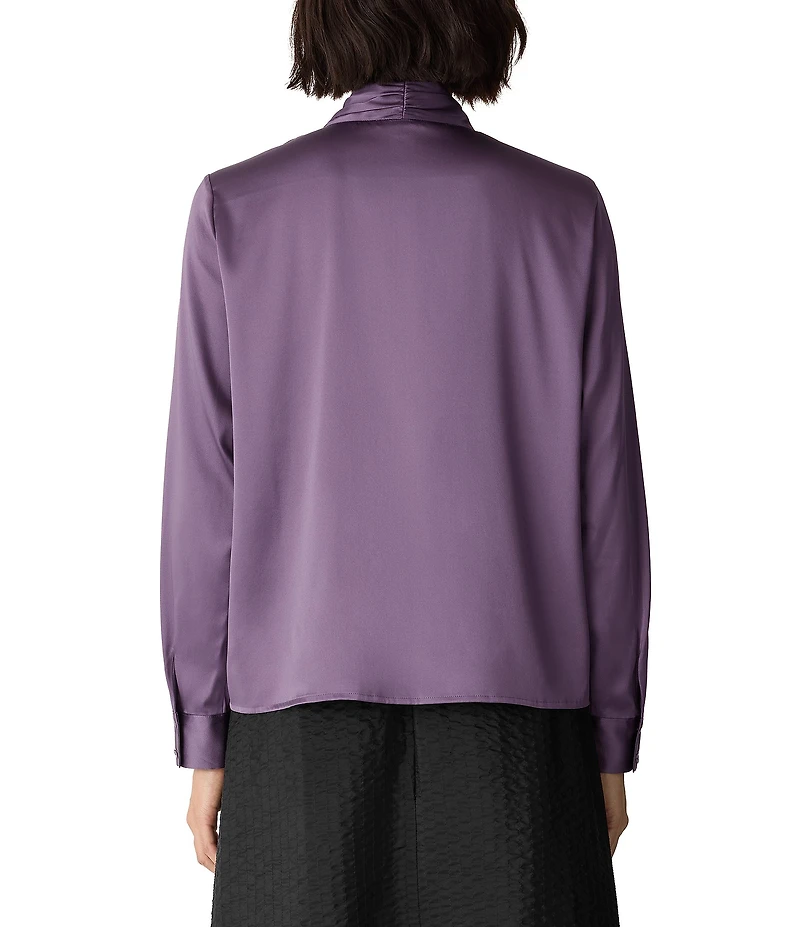 Eileen Fisher Silk Charmeuse High Collar V-Neck Long Sleeve Wrap Blouse