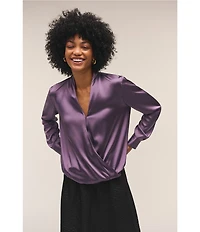 Eileen Fisher Silk Charmeuse High Collar V-Neck Long Sleeve Wrap Blouse
