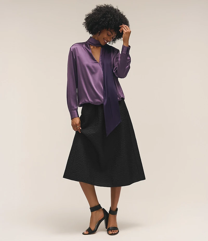 Eileen Fisher Silk Charmeuse High Collar V-Neck Long Sleeve Wrap Blouse