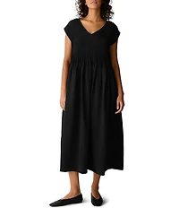 Eileen Fisher Silk Crepe De Chine Pleated V-Neck Cap Sleeve Dress