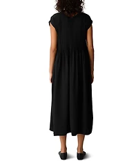 Eileen Fisher Silk Crepe De Chine Pleated V-Neck Cap Sleeve Dress