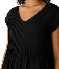 Eileen Fisher Silk Crepe De Chine Pleated V-Neck Cap Sleeve Dress