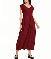 Eileen Fisher Silk Crepe De Chine Pleated V-Neck Cap Sleeve Dress