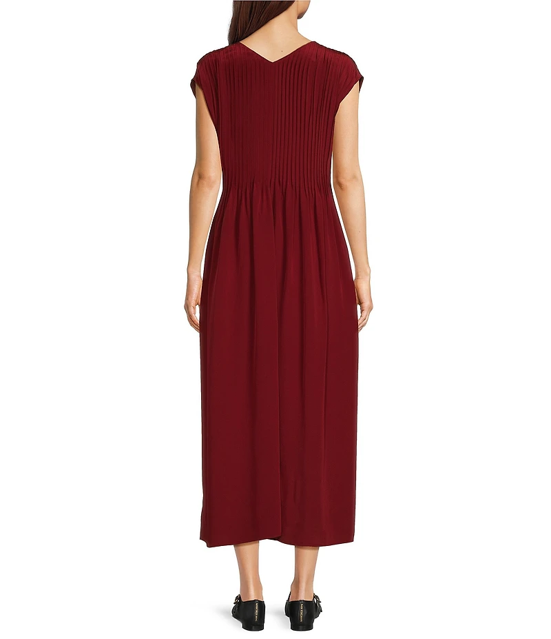 Eileen Fisher Silk Crepe De Chine Pleated V-Neck Cap Sleeve Dress