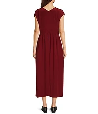Eileen Fisher Silk Crepe De Chine Pleated V-Neck Cap Sleeve Dress