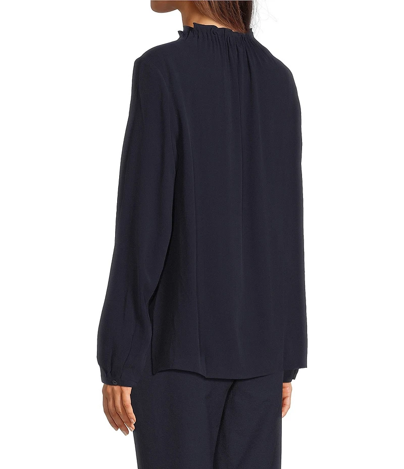 Eileen Fisher Silk Georgette Crepe Gathered Mock Neck Long Sleeve Top