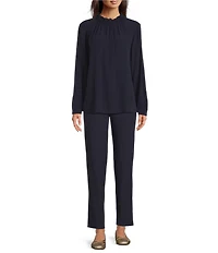 Eileen Fisher Silk Georgette Crepe Gathered Mock Neck Long Sleeve Top