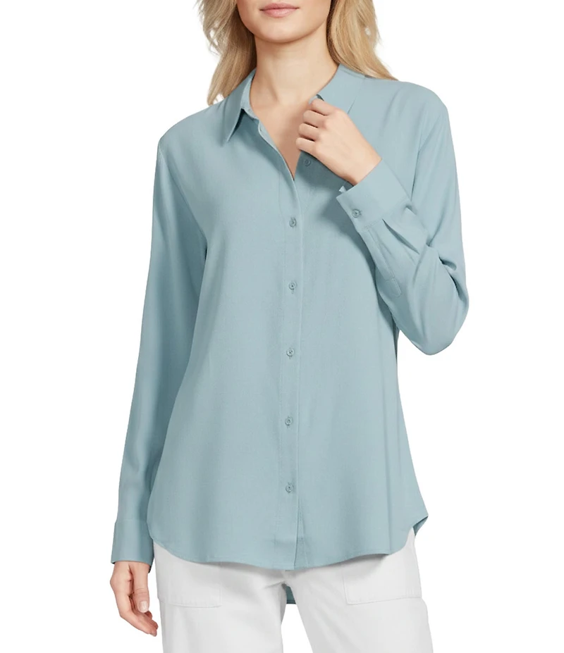 Eileen Fisher Silk Georgette Crepe Point Collar Long Sleeve Button Front Shirt