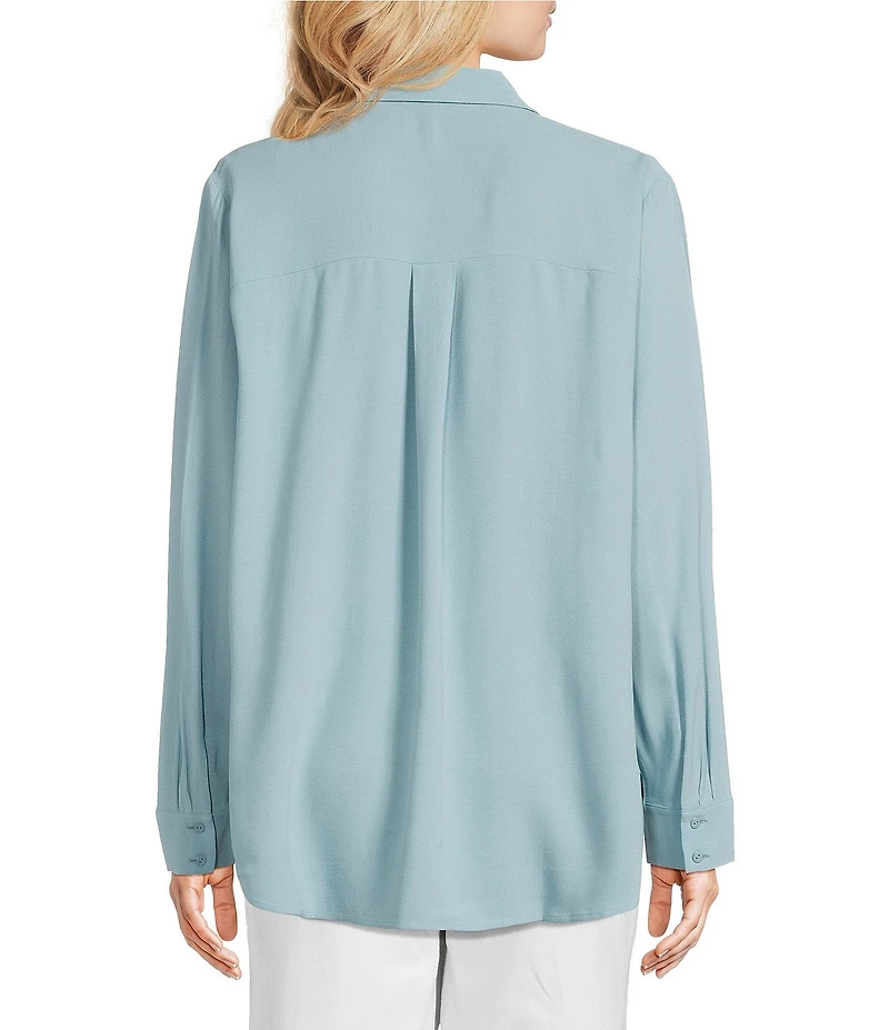 Eileen Fisher Silk Georgette Crepe Point Collar Long Sleeve Button Front Shirt