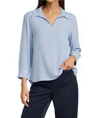 Eileen Fisher Silk Georgette Crepe Point Collar V-Neck Bracelet Sleeve Top