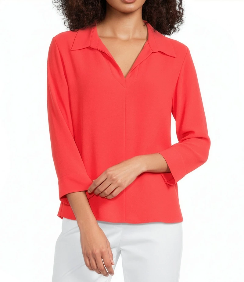 Eileen Fisher Silk Georgette Crepe Point Collar V-Neck Bracelet Sleeve Top