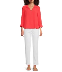 Eileen Fisher Silk Georgette Crepe Point Collar V-Neck Bracelet Sleeve Top
