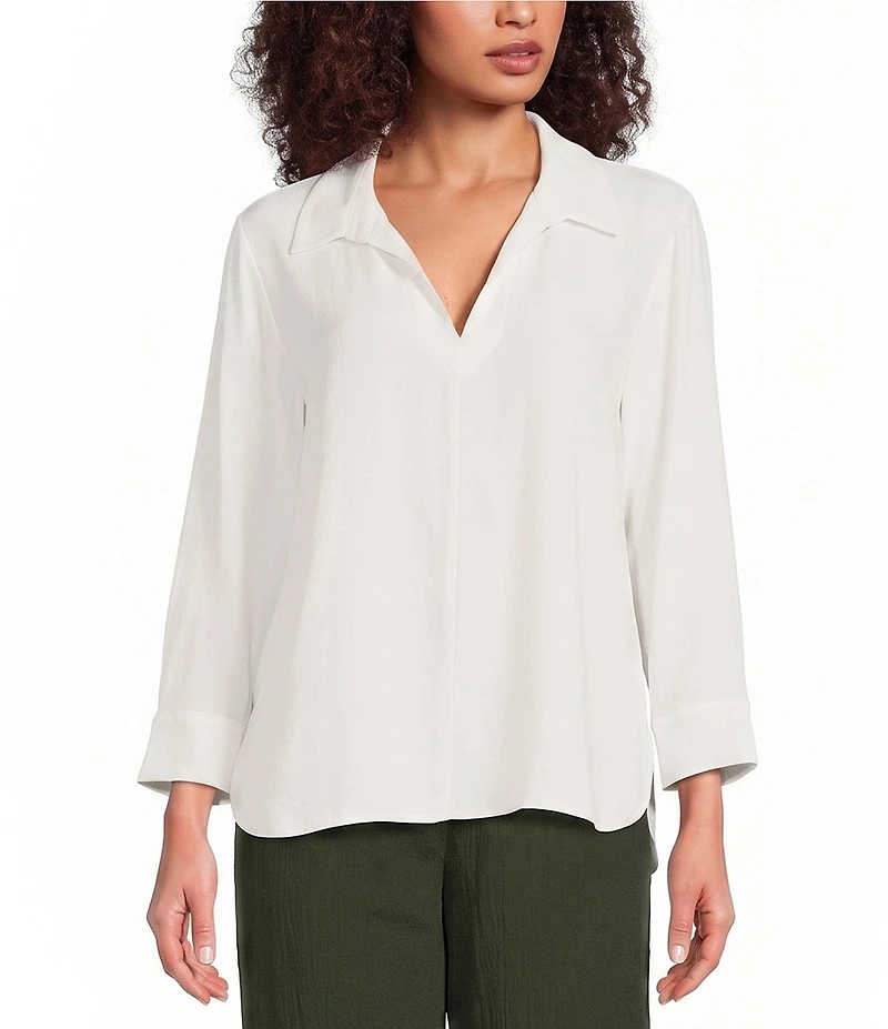 Eileen Fisher Silk Georgette Crepe Point Collar V-Neck Bracelet Sleeve Top
