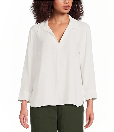 Eileen Fisher Silk Georgette Crepe Point Collar V-Neck Bracelet Sleeve Top