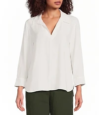 Eileen Fisher Silk Georgette Crepe Point Collar V-Neck Bracelet Sleeve Top