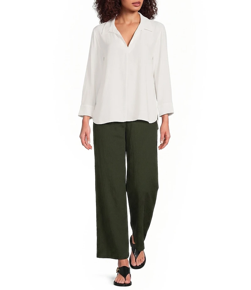 Eileen Fisher Silk Georgette Crepe Point Collar V-Neck Bracelet Sleeve Top
