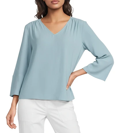 Eileen Fisher Silk Georgette Crepe V-Neck Bracelet Lantern Sleeve Blouse