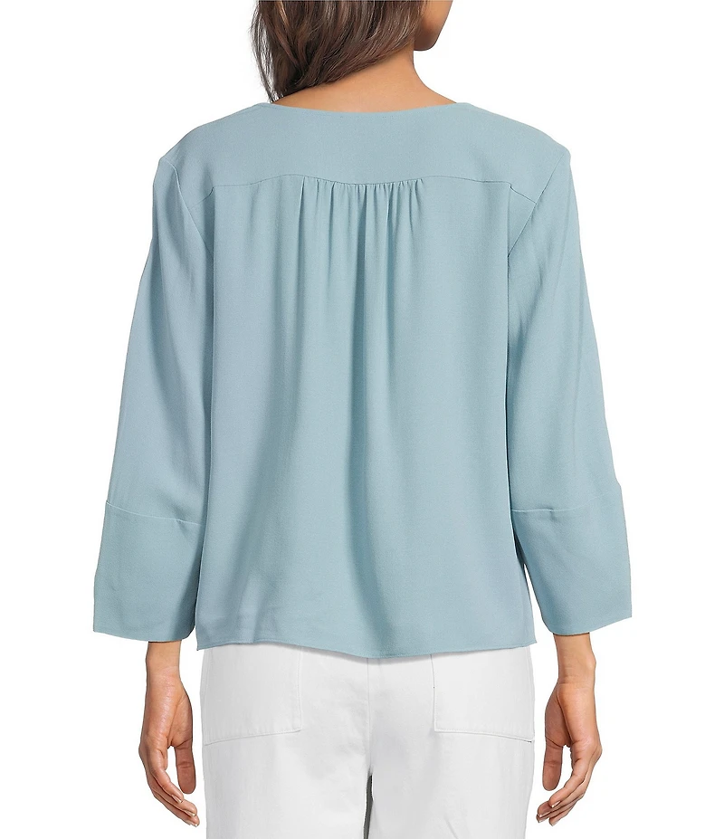 Eileen Fisher Silk Georgette Crepe V-Neck Bracelet Lantern Sleeve Blouse
