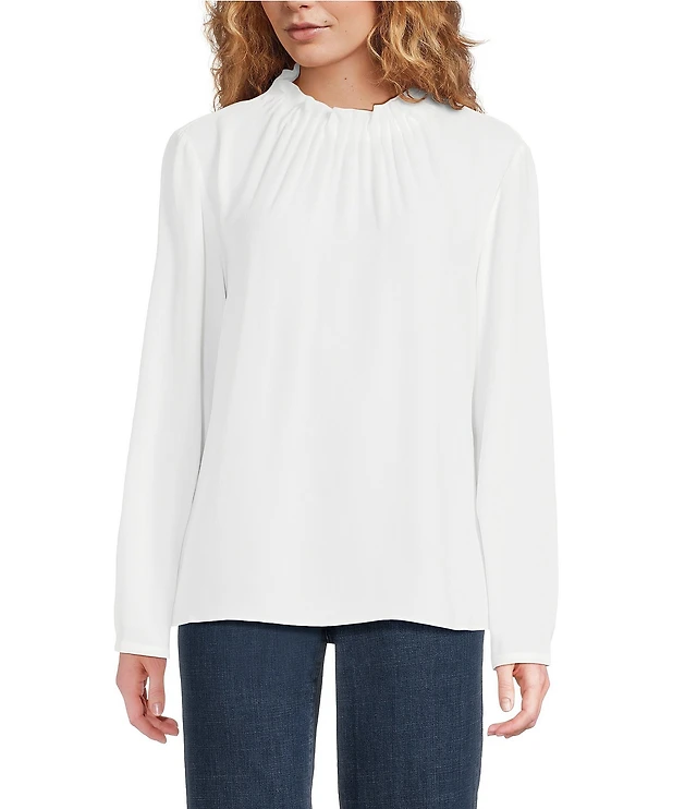 Eileen Fisher Silk Georgette Ruffle Mock Neck Long Sleeve Blouse