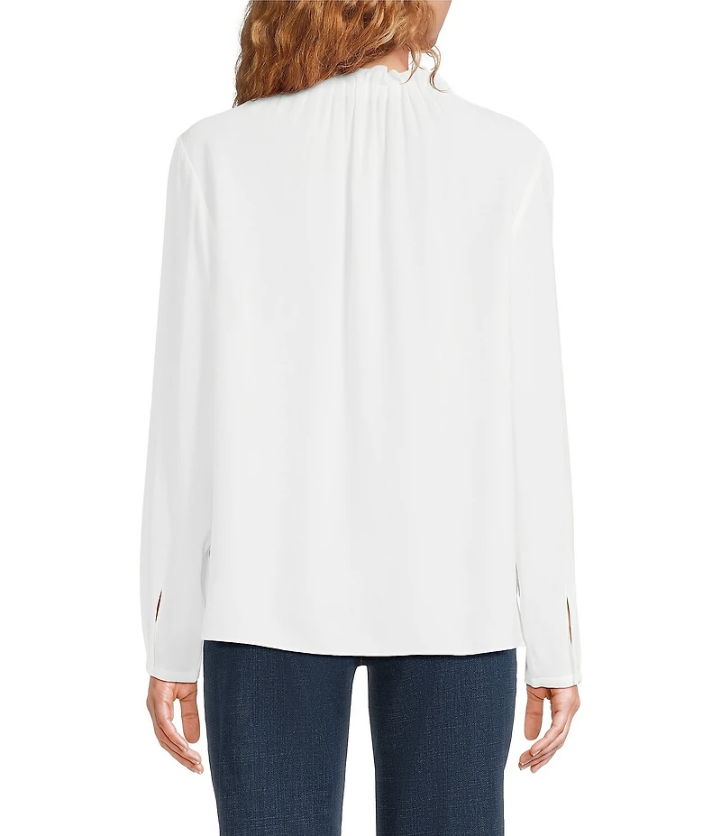 Eileen Fisher Silk Georgette Ruffle Mock Neck Long Sleeve Blouse