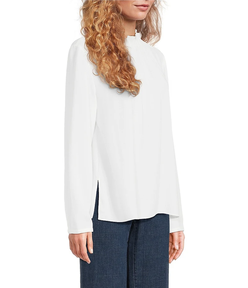 Eileen Fisher Silk Georgette Ruffle Mock Neck Long Sleeve Blouse