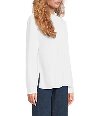 Eileen Fisher Silk Georgette Ruffle Mock Neck Long Sleeve Blouse
