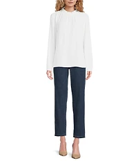Eileen Fisher Silk Georgette Ruffle Mock Neck Long Sleeve Blouse