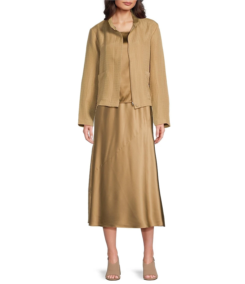 Eileen Fisher Silk Linen-Blend Stand Collar Long Sleeve Pocketed Boxy Fit Jacket