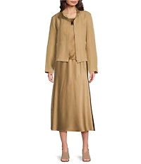 Eileen Fisher Silk Linen-Blend Stand Collar Long Sleeve Pocketed Boxy Fit Jacket