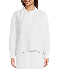 Eileen Fisher Silk Organic Linen Mandarin Collar Long Sleeve Boxy Top