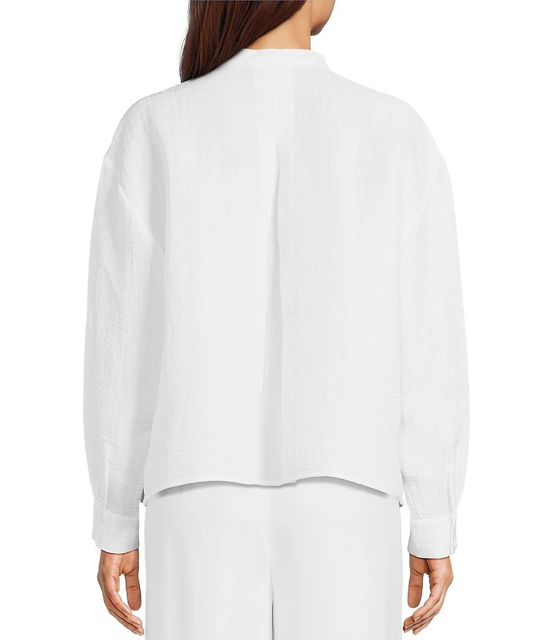 Eileen Fisher Silk Organic Linen Mandarin Collar Long Sleeve Boxy Top