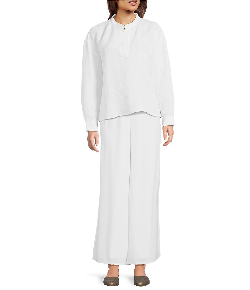 Eileen Fisher Silk Organic Linen Mandarin Collar Long Sleeve Boxy Top