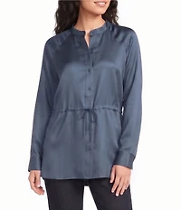 Eileen Fisher Silk Twill Mandarin Collar Long Sleeve Button-Front Shirt