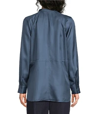 Eileen Fisher Silk Twill Mandarin Collar Long Sleeve Button-Front Shirt