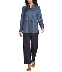 Eileen Fisher Silk Twill Mandarin Collar Long Sleeve Button-Front Shirt