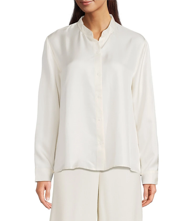 Eileen Fisher Silk Twill Mandarin Collar Long Sleeve Button Front Top