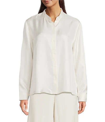 Eileen Fisher Silk Twill Mandarin Collar Long Sleeve Button Front Top