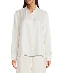 Eileen Fisher Silk Twill Mandarin Collar Long Sleeve Button Front Top